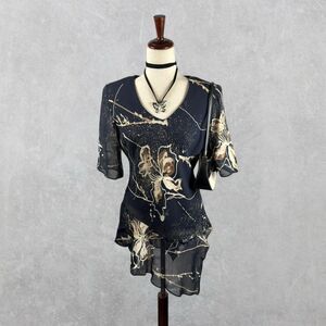 Vintage 80s Dark Navy Floral Print Sheer Sleeve Asymmetrical Hem Blouse